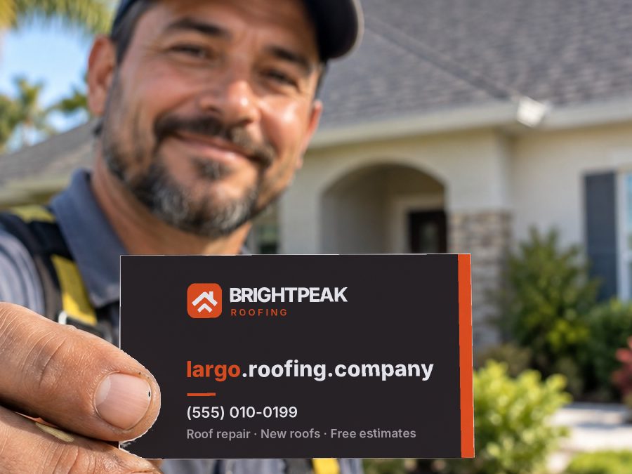 largo.roofing.company on a roofer's business card