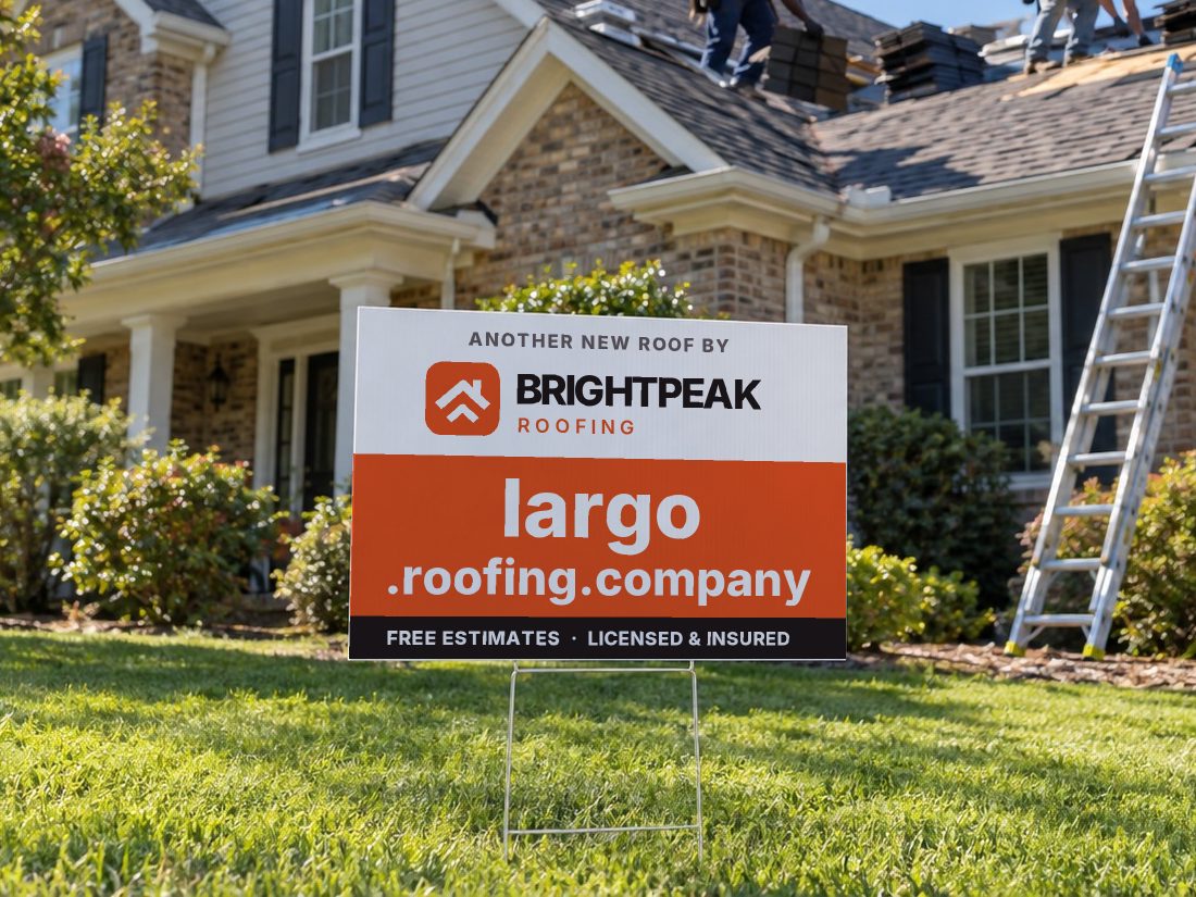 largo.roofing.company on a yard sign in front of a house getting a new roof