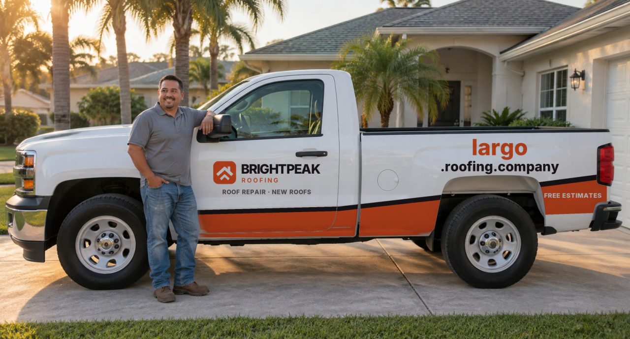 largo.roofing.company painted on the side of a white work truck